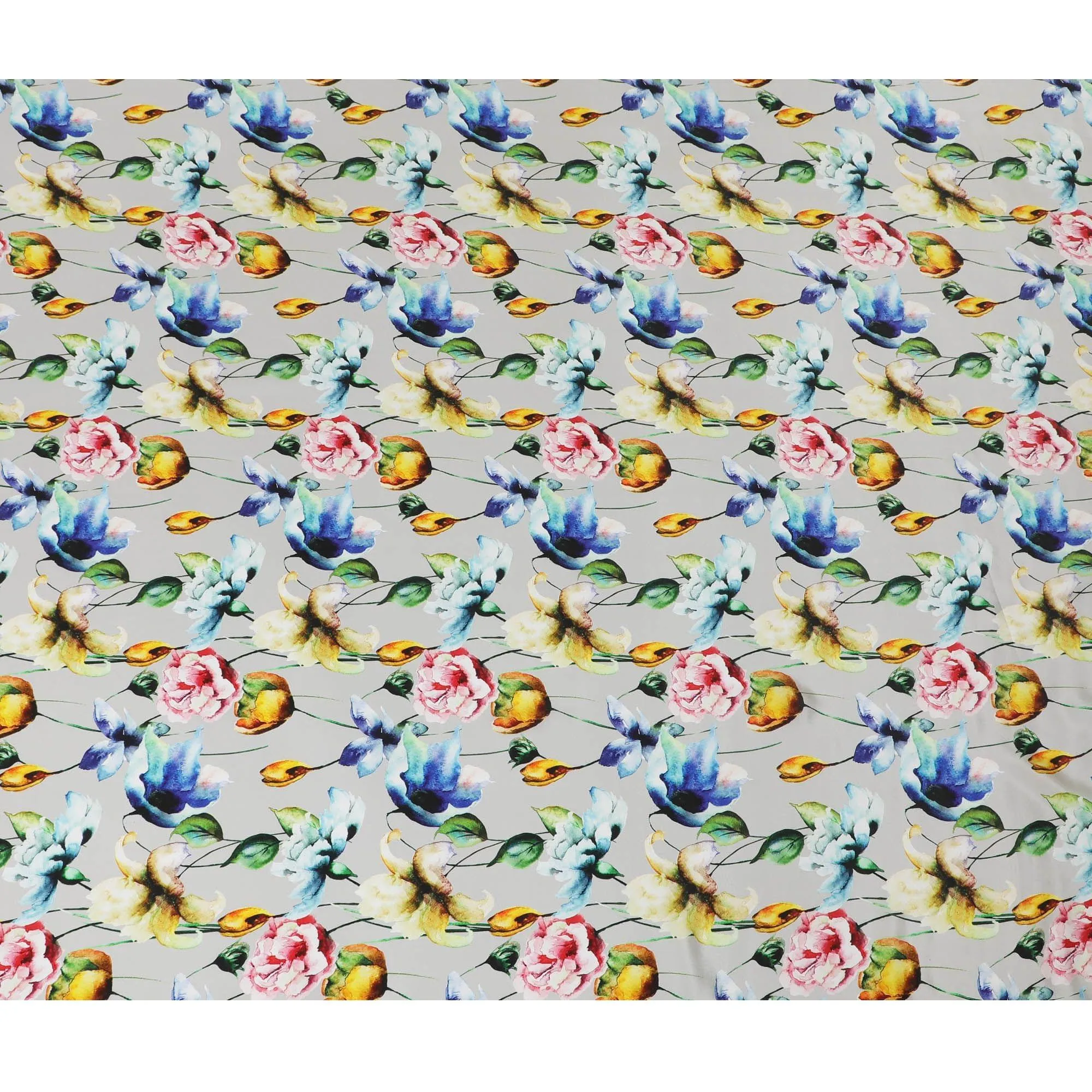 Cloud grey synthetic crepe fabric with multicolor print in floral design-D14463