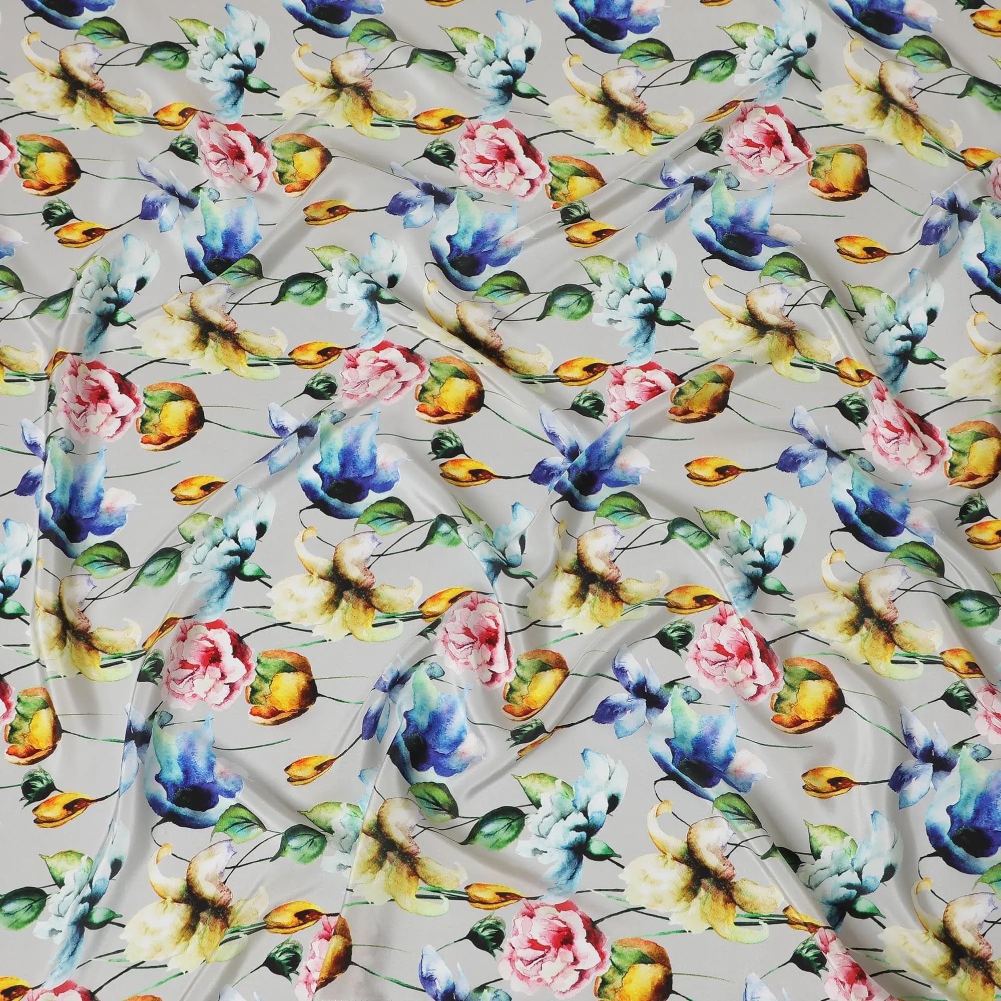 Cloud grey synthetic crepe fabric with multicolor print in floral design-D14463