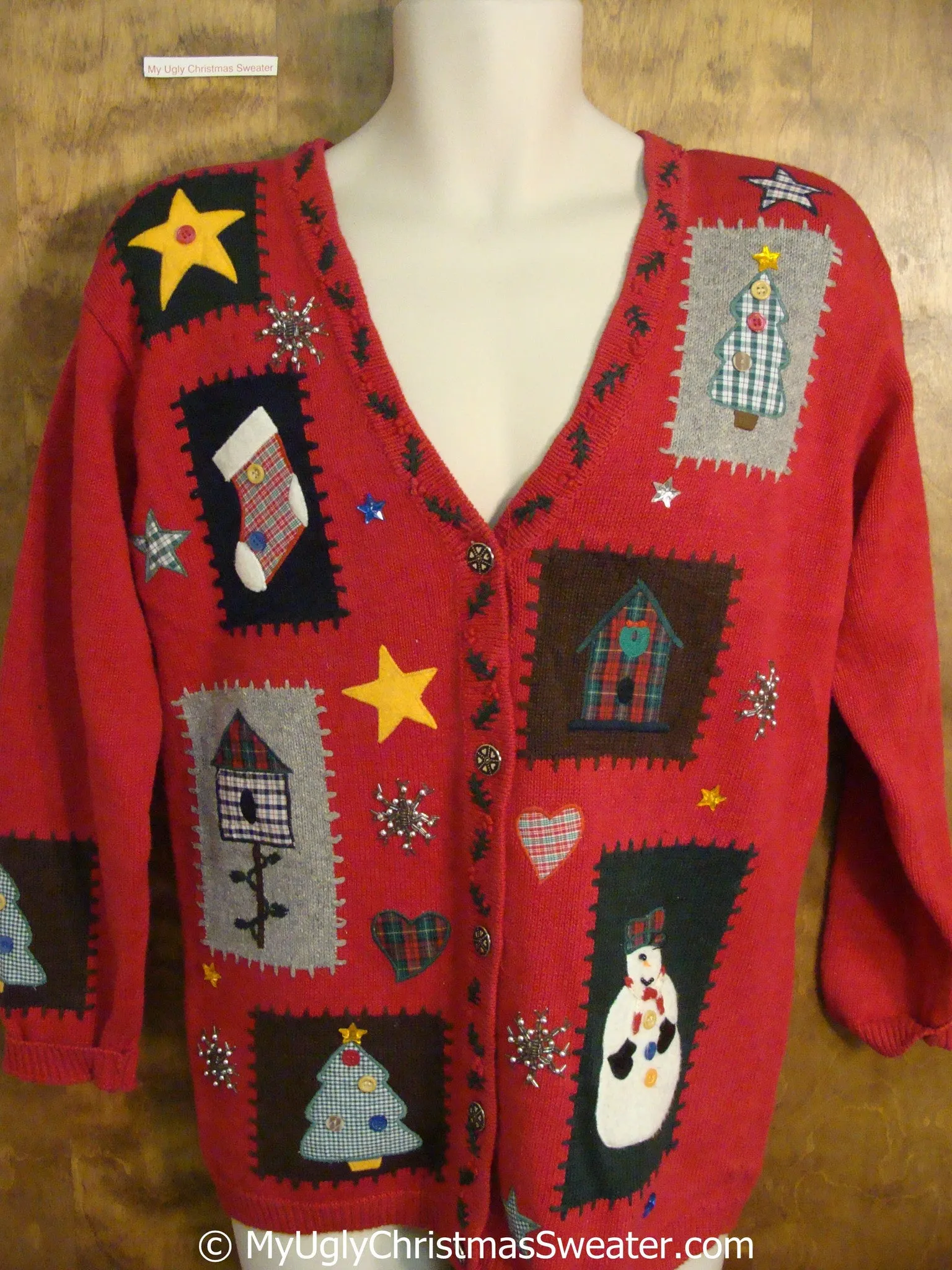 Crafty Red Tacky Christmas Sweater with Plaid Accents