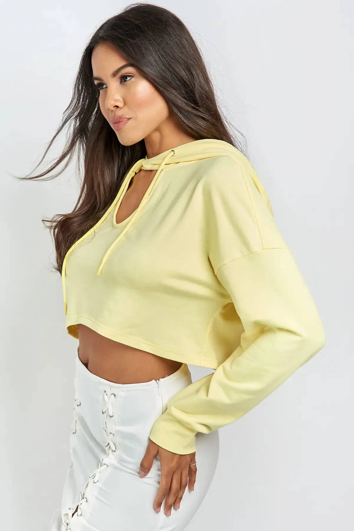 Cut Out Drawstring Crop Hoodie