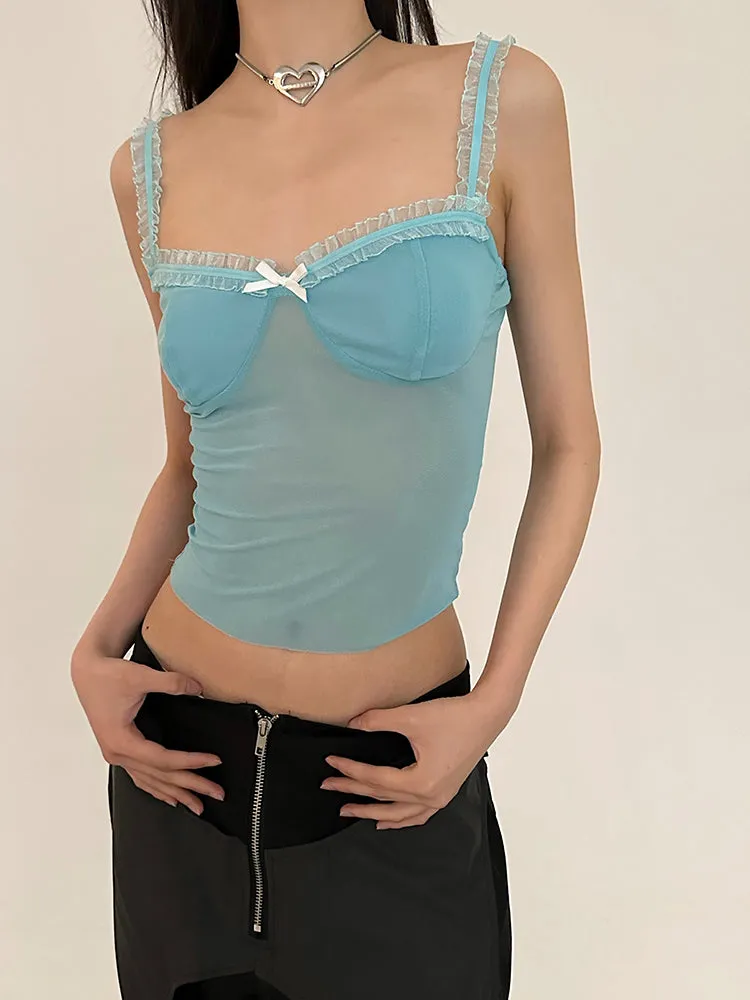 Daisy Solid Color Spaghetti Straps Mesh See Through Slim Camisole Top