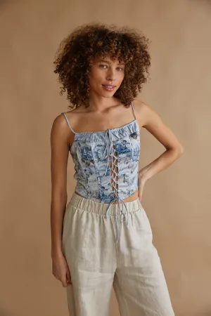 Delphine Lace Up Floral Satin Corset Top