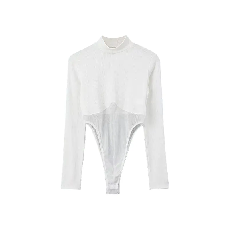 Dena Solid Color Mesh See Through Panel Turtleneck Long Sleeve Slim Bodysuit Top