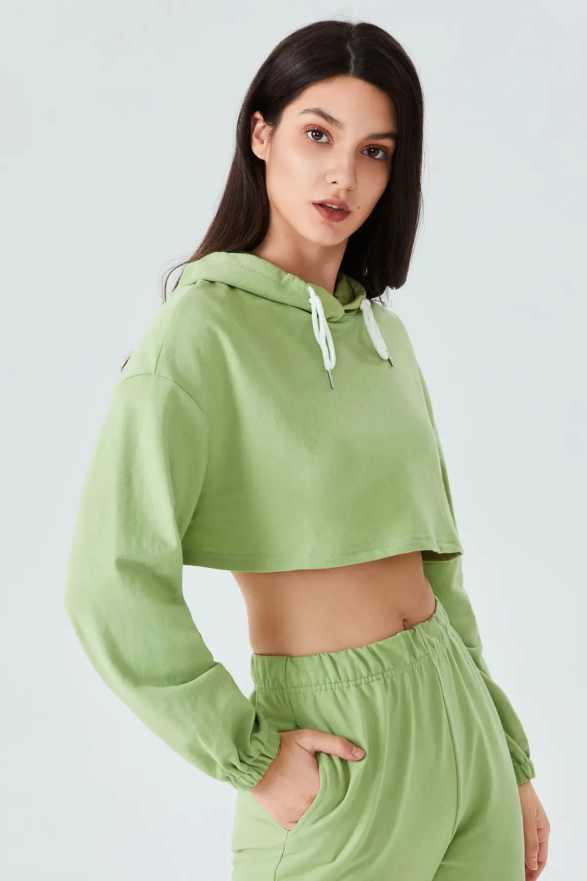 Drawstring Bishop Sleeve Crop Hoodie