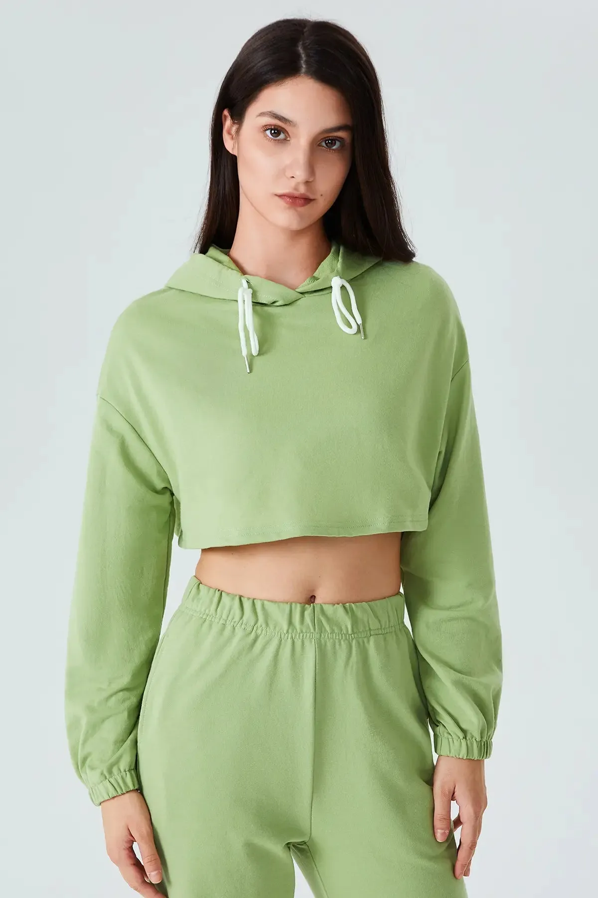 Drawstring Bishop Sleeve Crop Hoodie