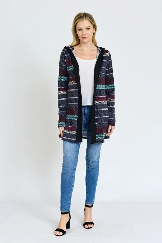 EG fashion Long Tribal Print Hooded Cardigan