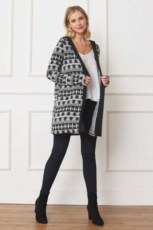 EG fashion Long Tribal Print Hooded Cardigan