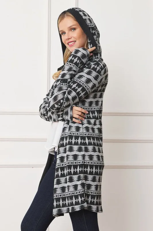 EG fashion Long Tribal Print Hooded Cardigan