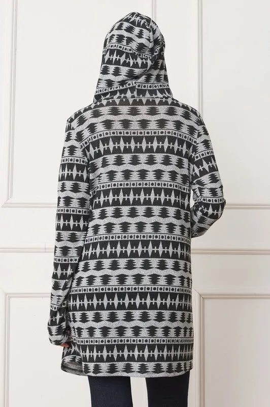 EG fashion Long Tribal Print Hooded Cardigan