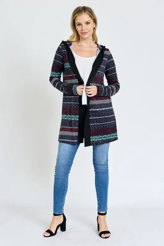 EG fashion Long Tribal Print Hooded Cardigan