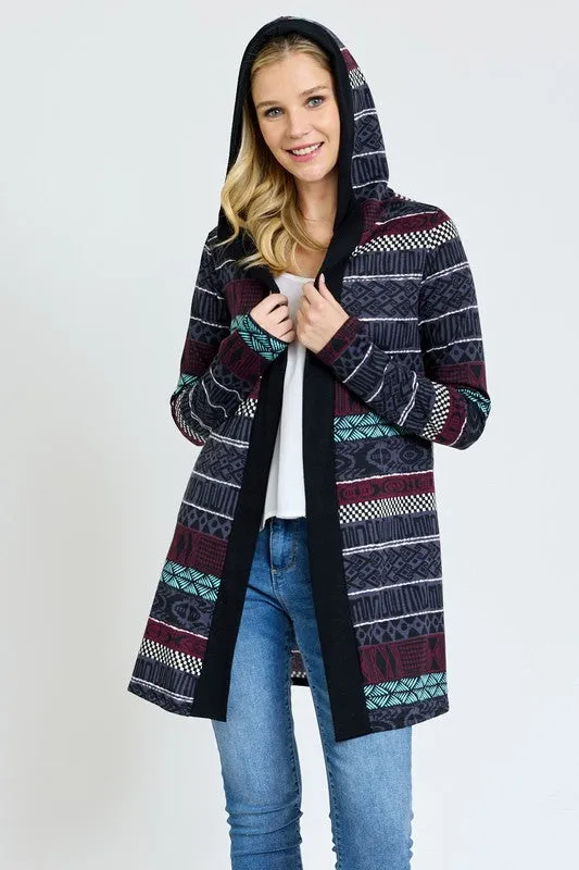 EG fashion Long Tribal Print Hooded Cardigan