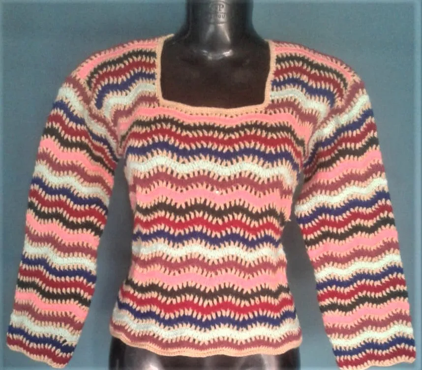 Elegant Multicolor Zig Zag Pattern Handmade Crochet Full Sleeve Girls/Women Sweater Top