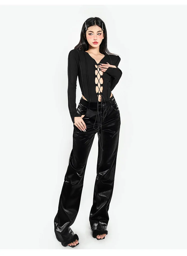 Ellen Patchwork Solid Color Black Lace Up Long Sleeve Slim Top