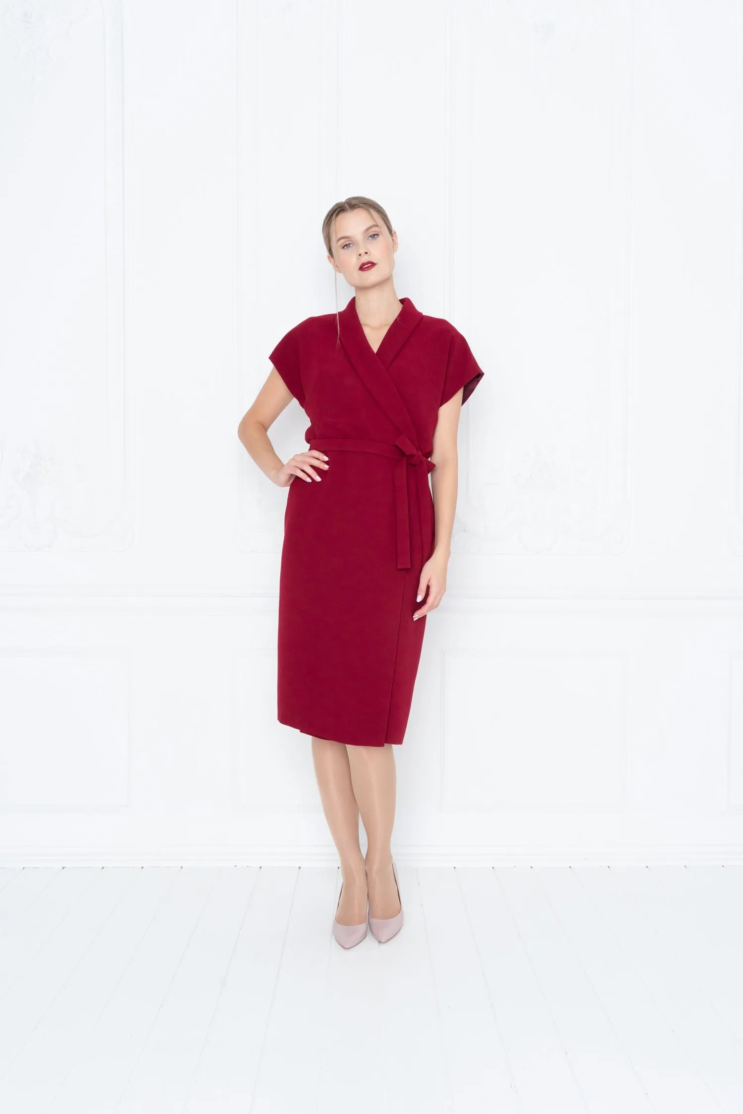 EUPHORBIA DEEP RED WRAP PENCIL DRESS