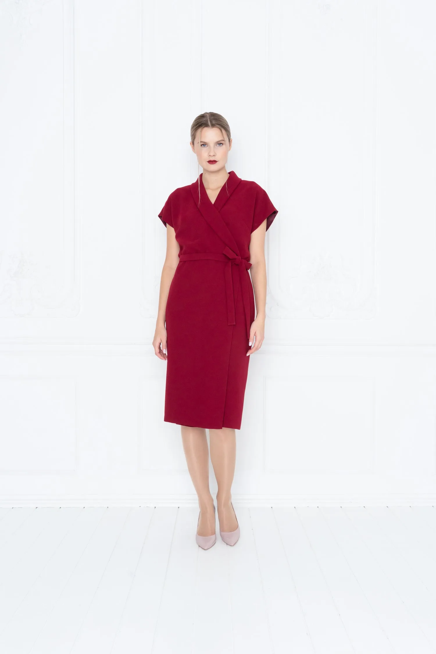 EUPHORBIA DEEP RED WRAP PENCIL DRESS