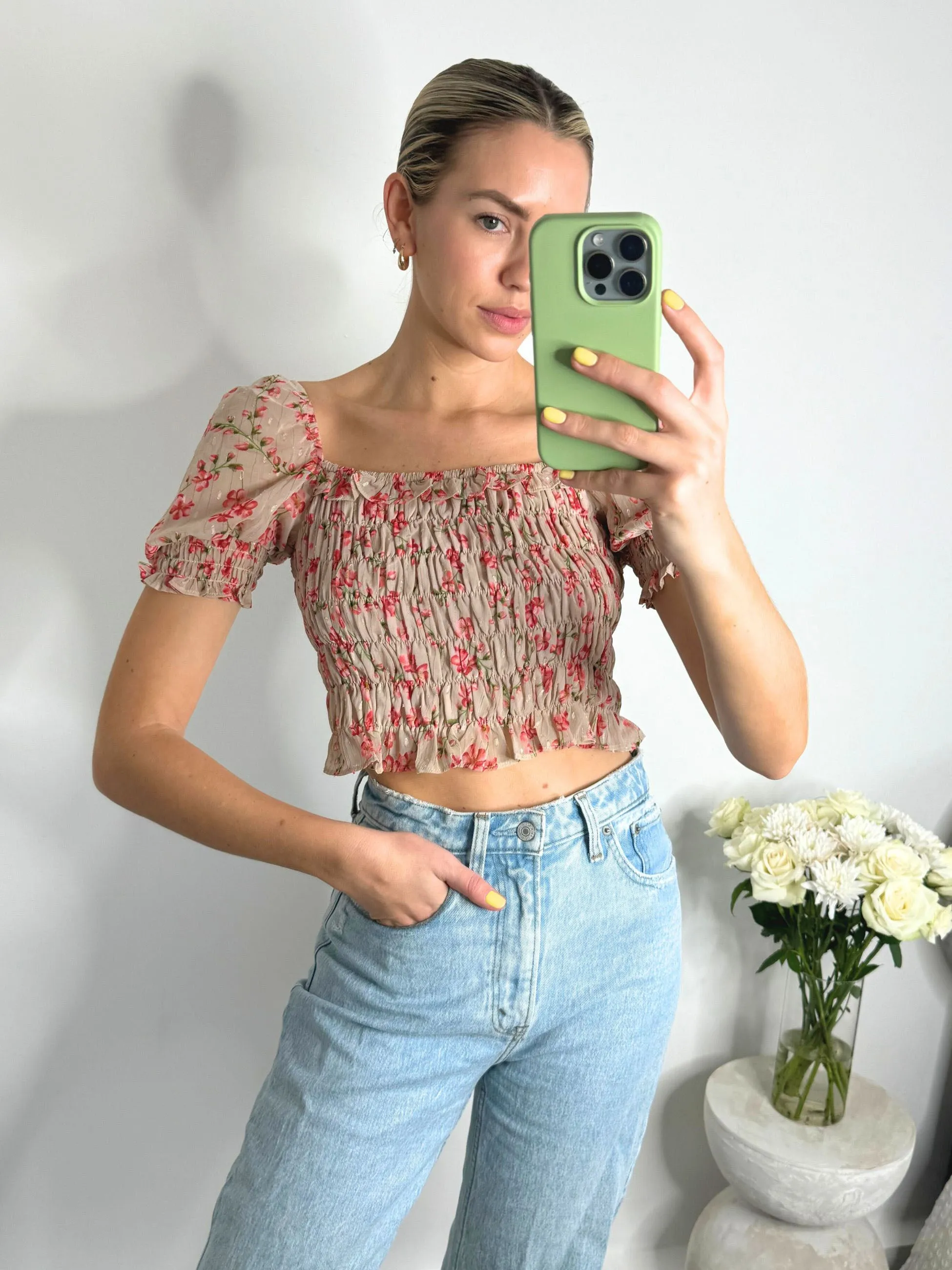 Flo Puff Sleeve Shirred Crop Top in Floral