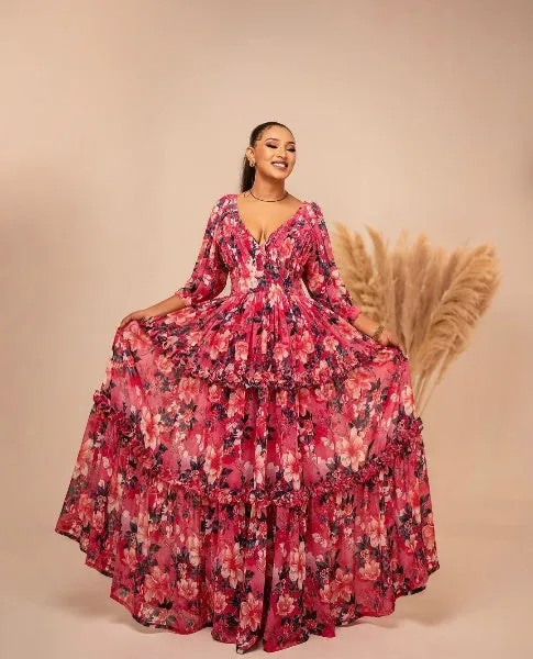 Floral Pink Based Ethiopian Chiffon Dress: Simple and Fresh Look with Habesha Chiffon Dress for Cultural Celebrations