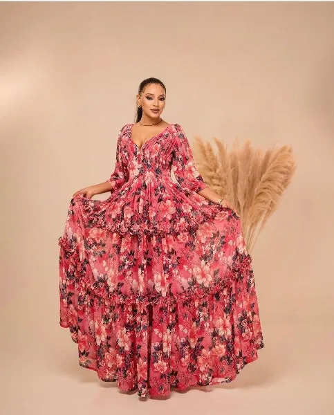 Floral Pink Based Ethiopian Chiffon Dress: Simple and Fresh Look with Habesha Chiffon Dress for Cultural Celebrations