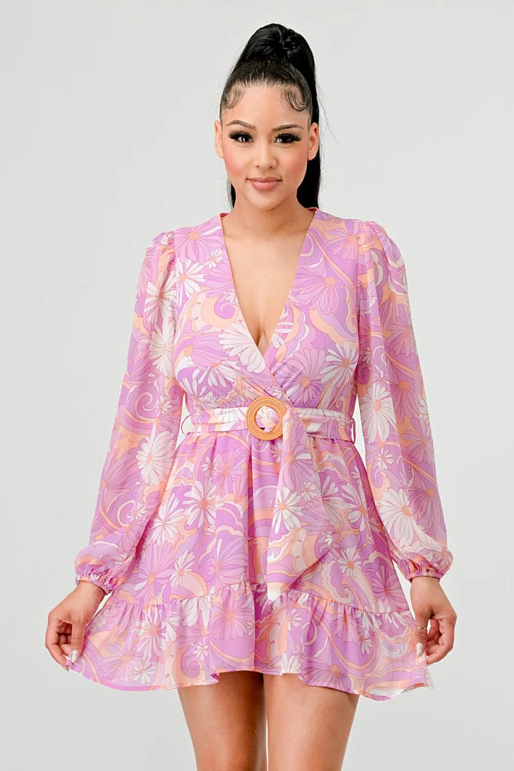 FLORAL PRINT CHIFFON BELT RUFFLED WRAP MINI DRESS