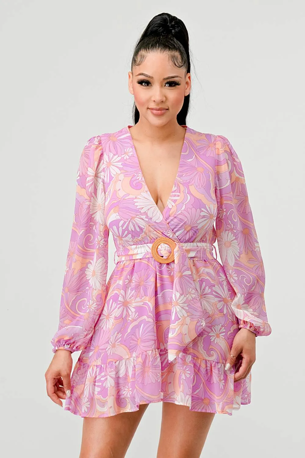 FLORAL PRINT CHIFFON BELT RUFFLED WRAP MINI DRESS