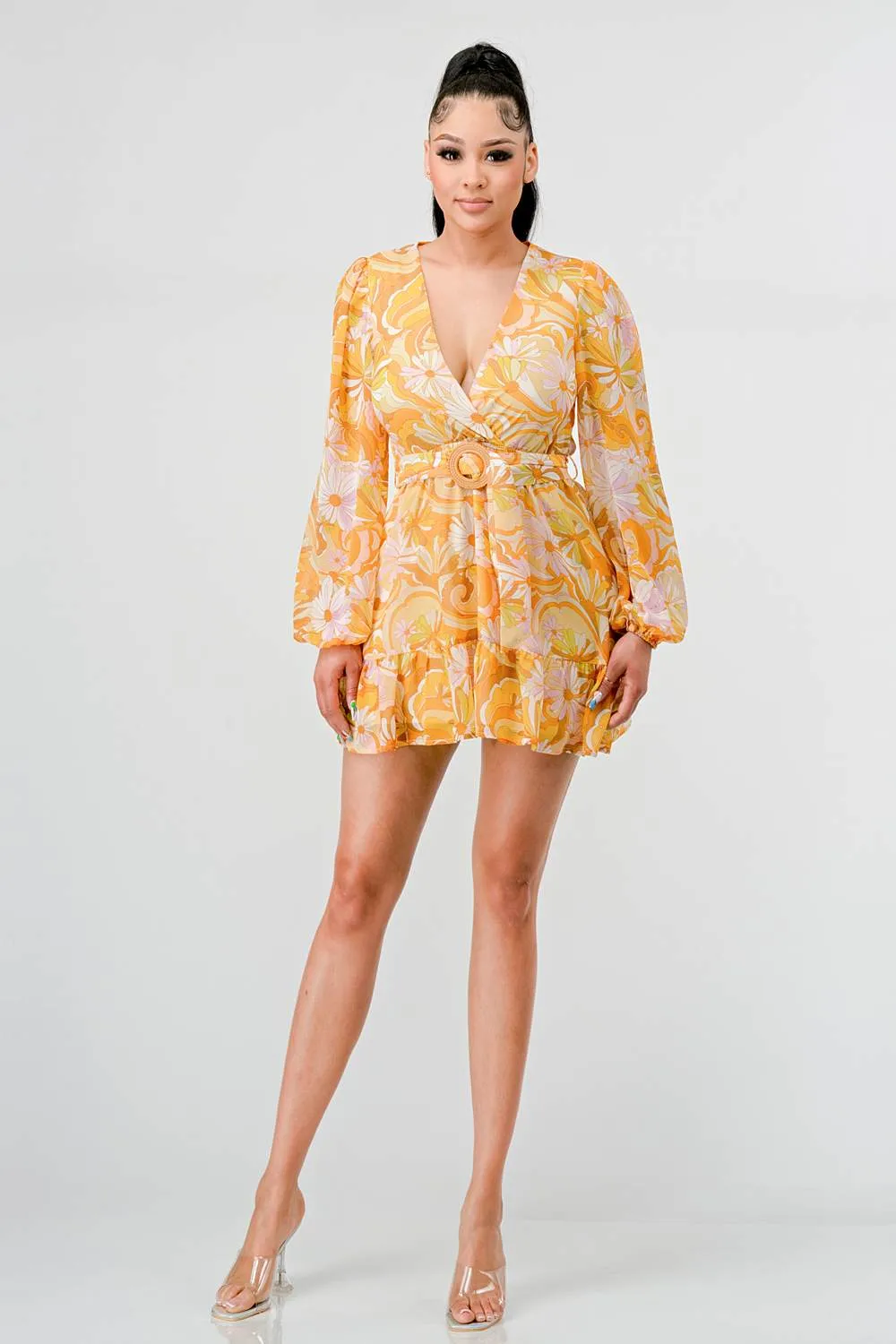 FLORAL PRINT CHIFFON BELT RUFFLED WRAP MINI DRESS