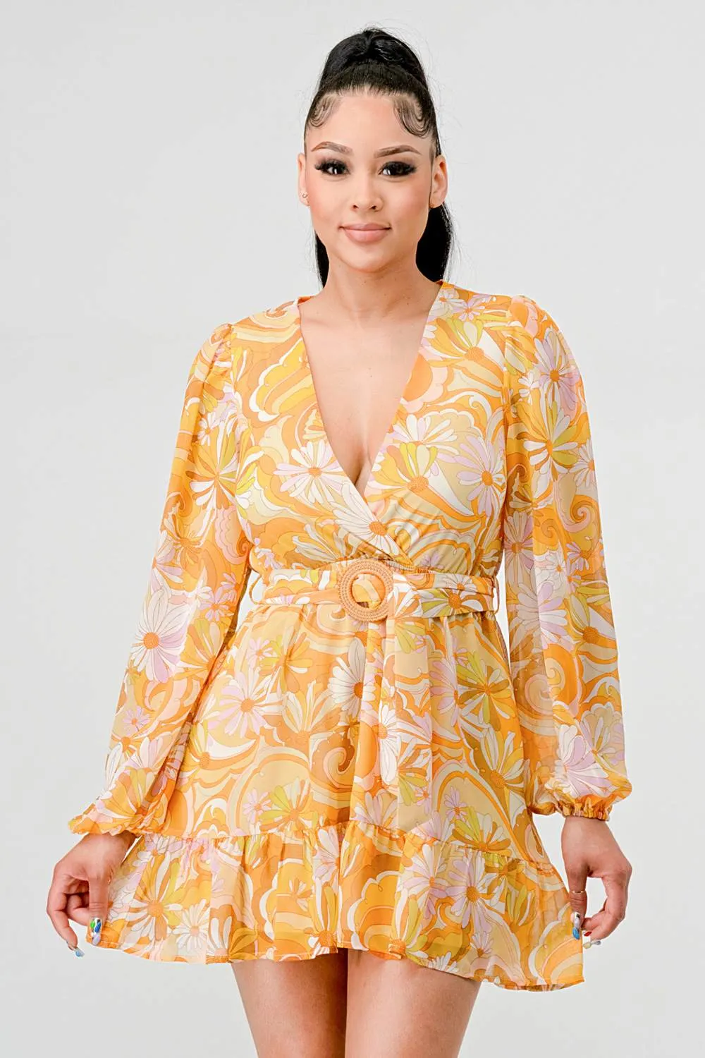 FLORAL PRINT CHIFFON BELT RUFFLED WRAP MINI DRESS