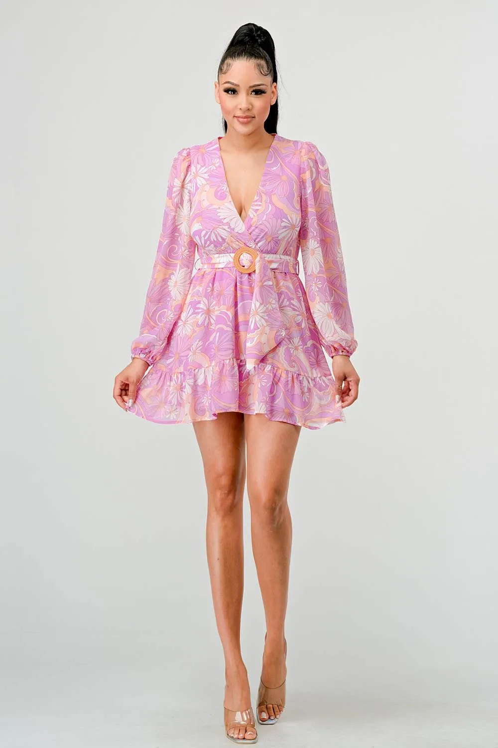 FLORAL PRINT CHIFFON BELT RUFFLED WRAP MINI DRESS