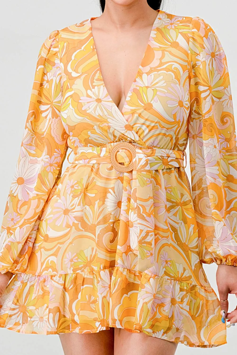 FLORAL PRINT CHIFFON BELT RUFFLED WRAP MINI DRESS