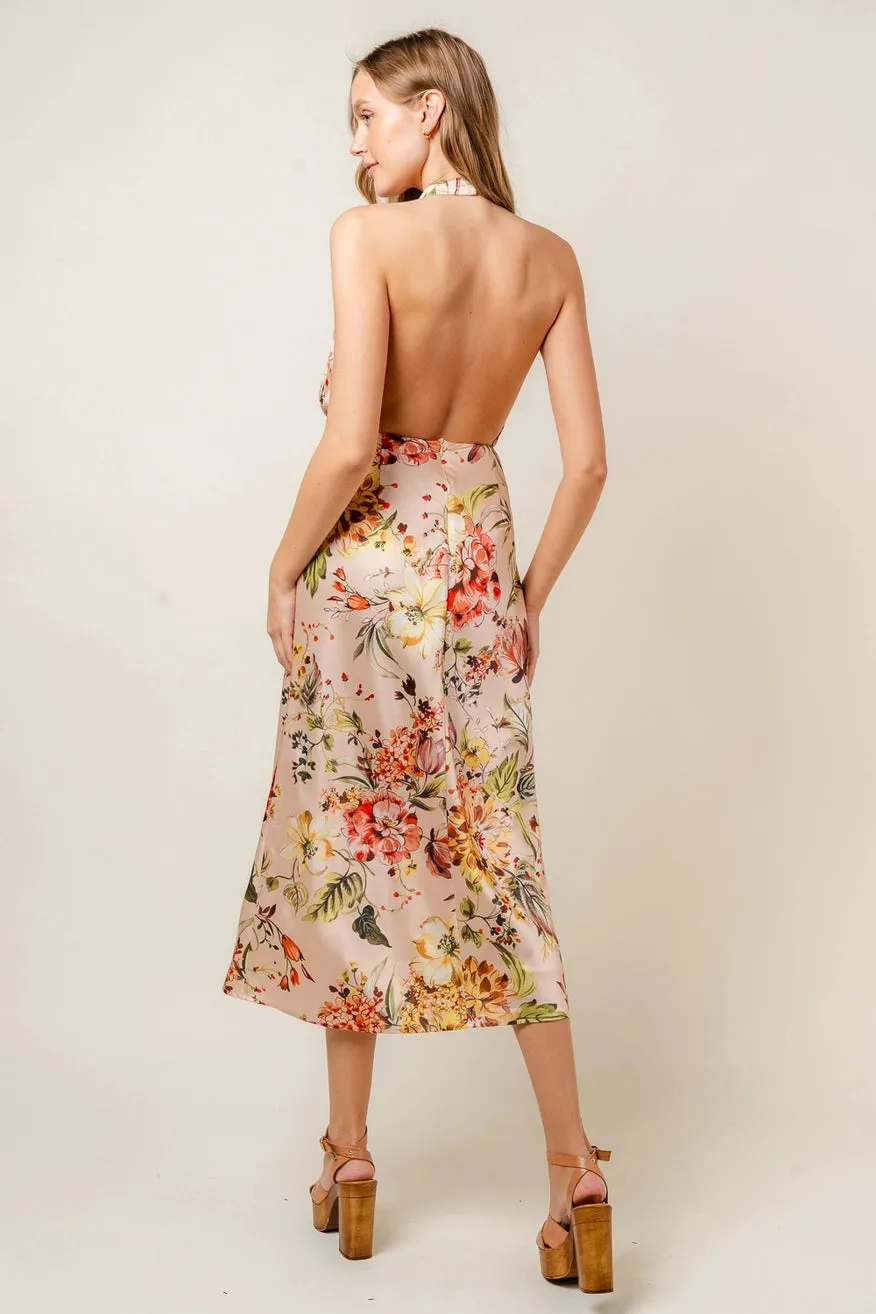 Floral Print Halter Neck Satin Midi Dress