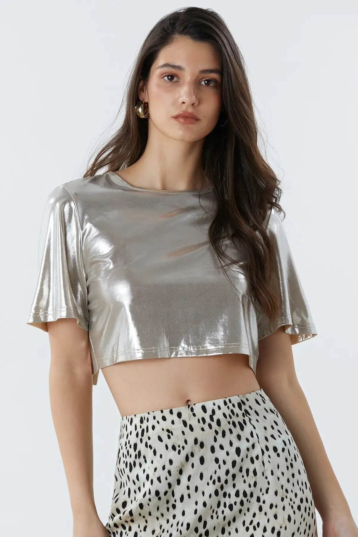 Foil Print Split Backless Crop Top