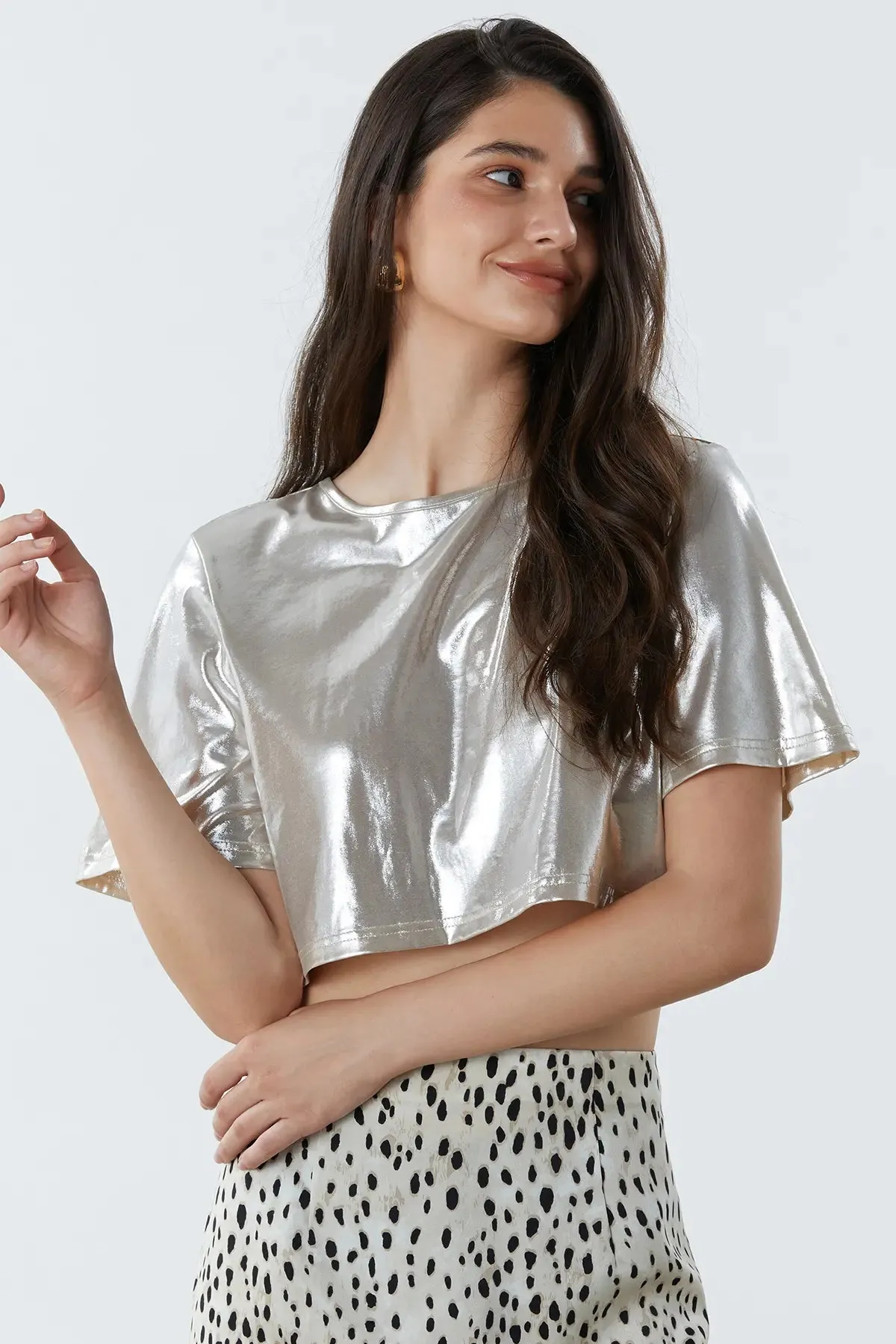 Foil Print Split Backless Crop Top