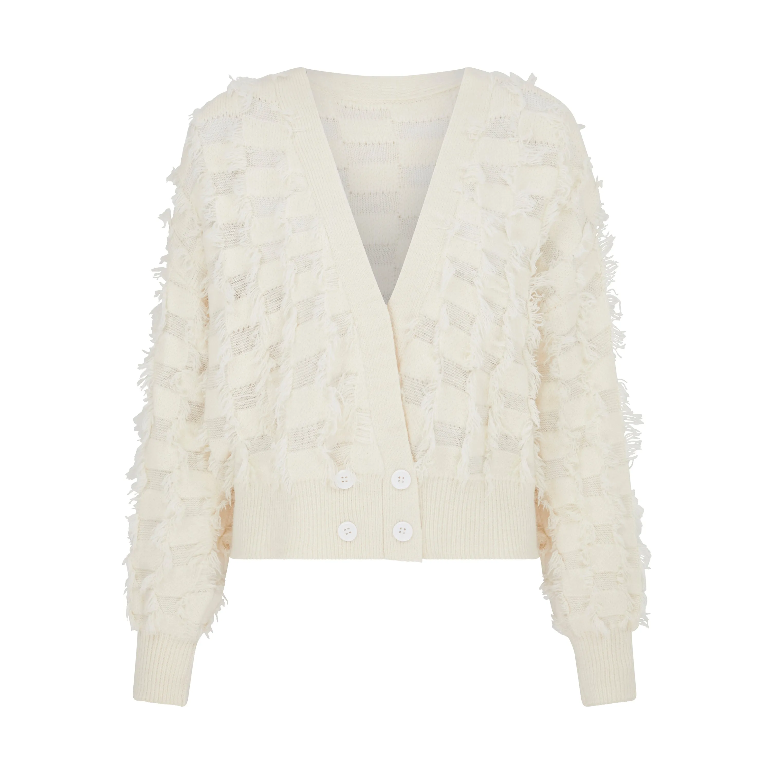 Fringed Checkerboard Cardigan in White