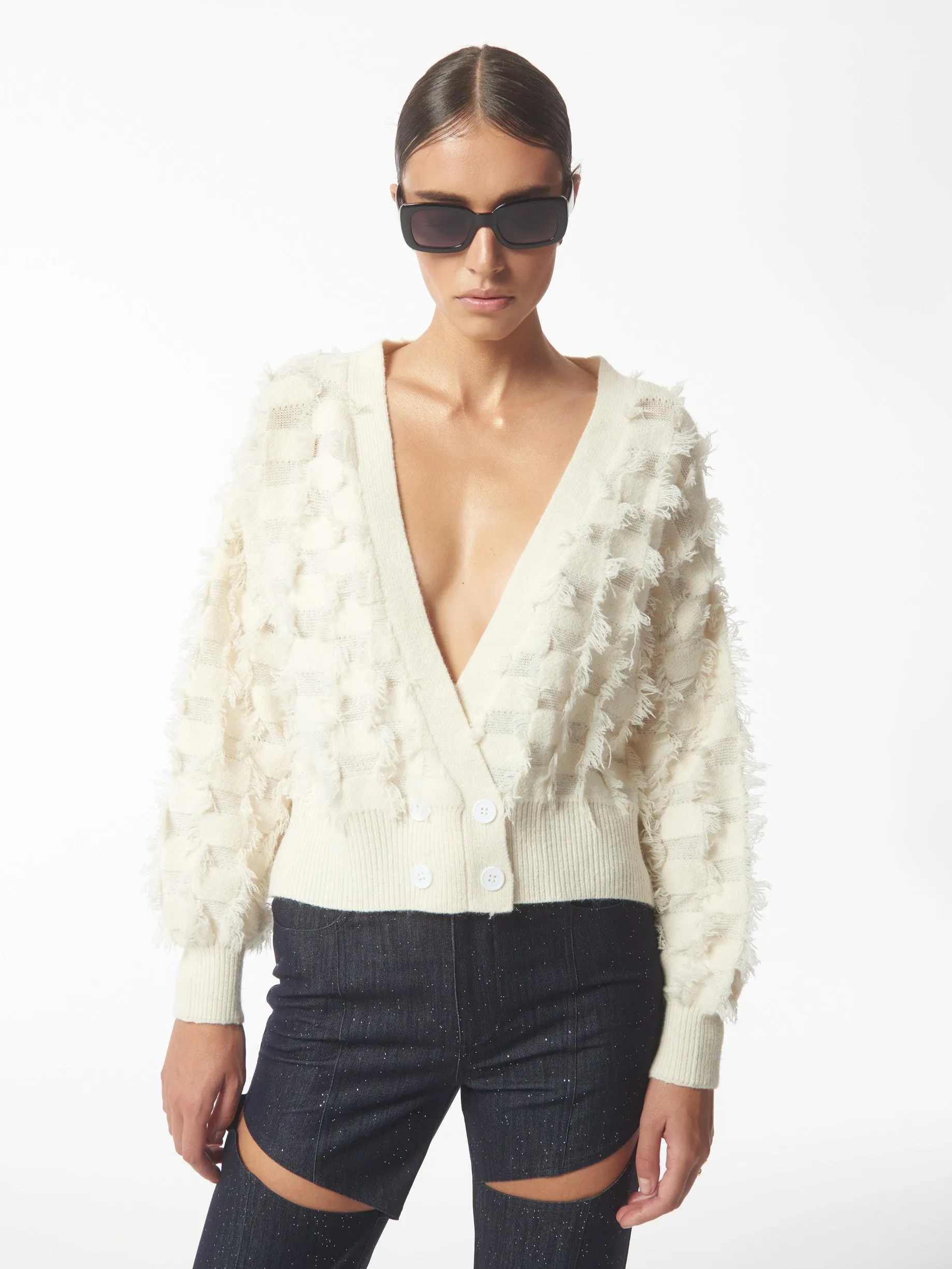 Fringed Checkerboard Cardigan in White