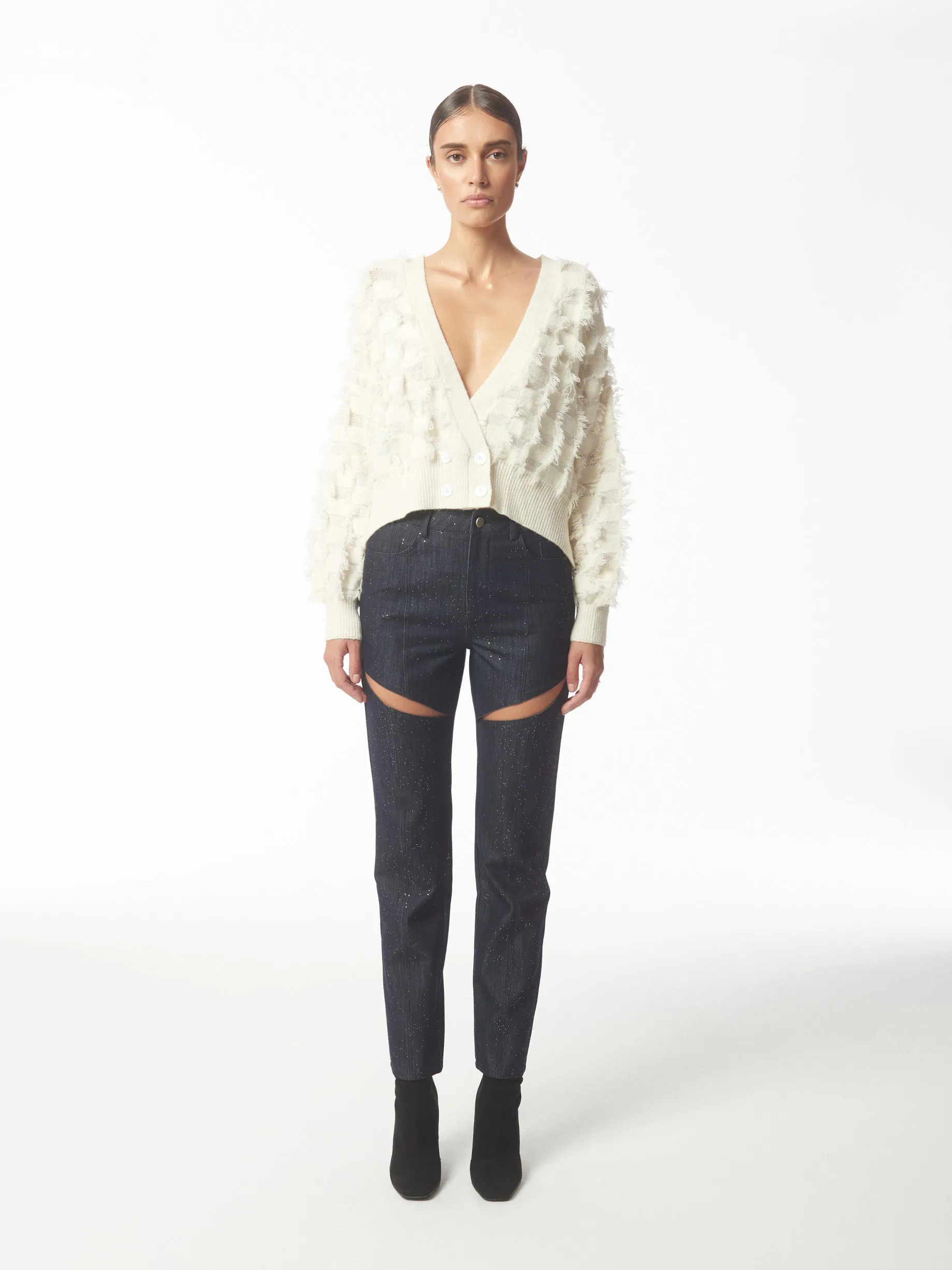 Fringed Checkerboard Cardigan in White