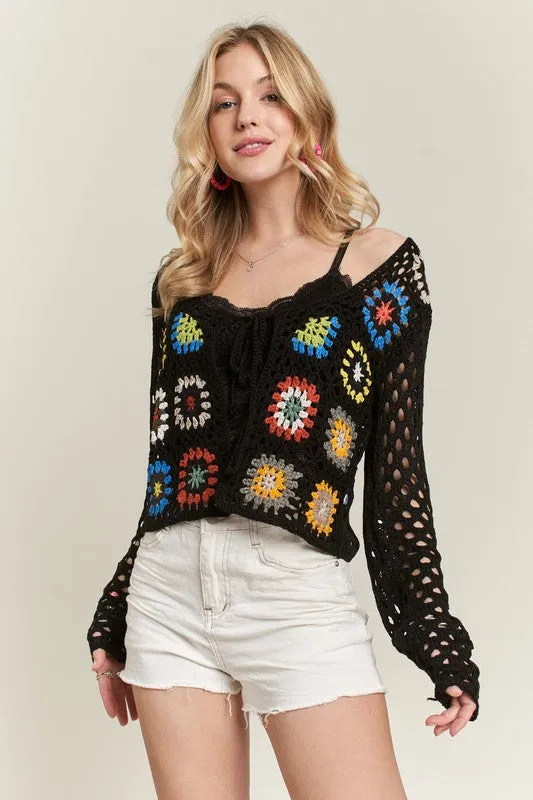 FRONT TIE CROCHET CARDIGAN - BLACK