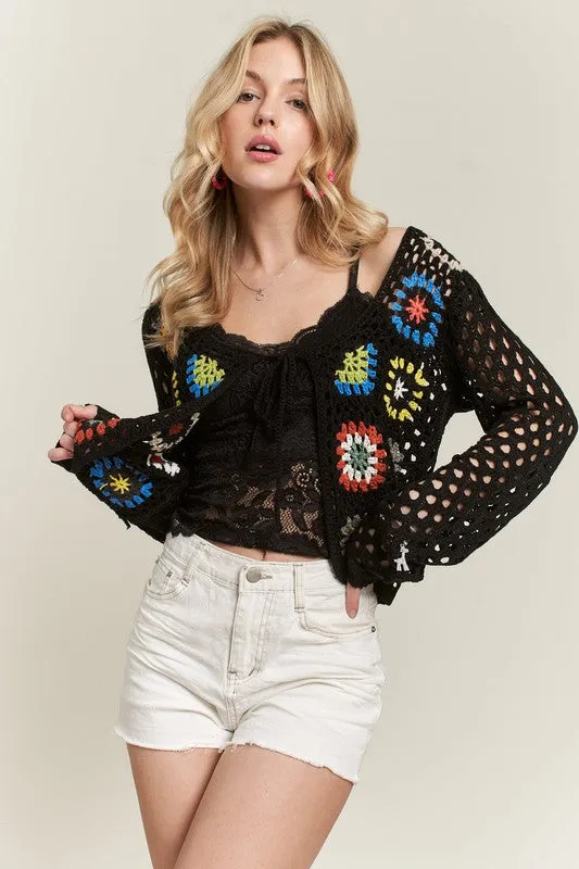 FRONT TIE CROCHET CARDIGAN - BLACK