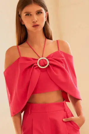 Fuchsia Bow tie O-ring Rhinestone Top