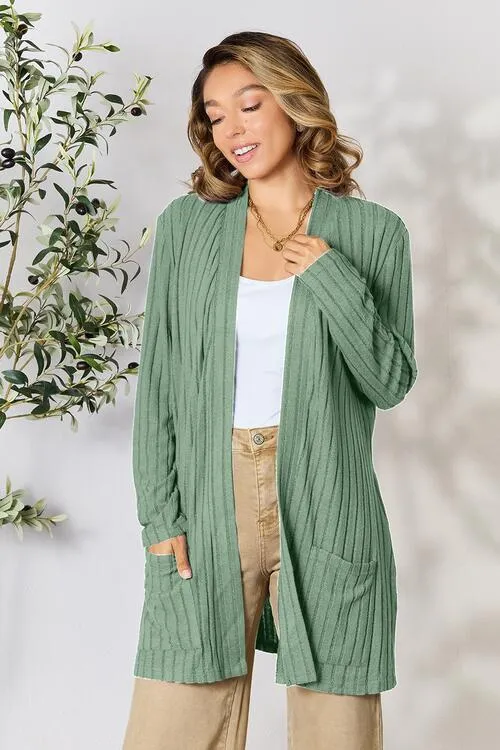 Full Size Open Front Cardigan with Pockets