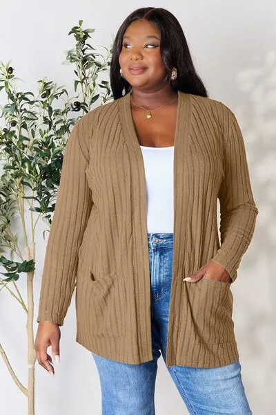 Full Size Open Front Cardigan with Pockets