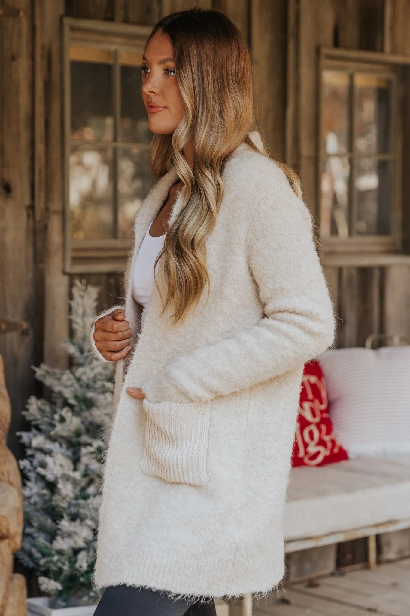 Fuzzy Beige CozyKnit Patch Pocket Cardigan