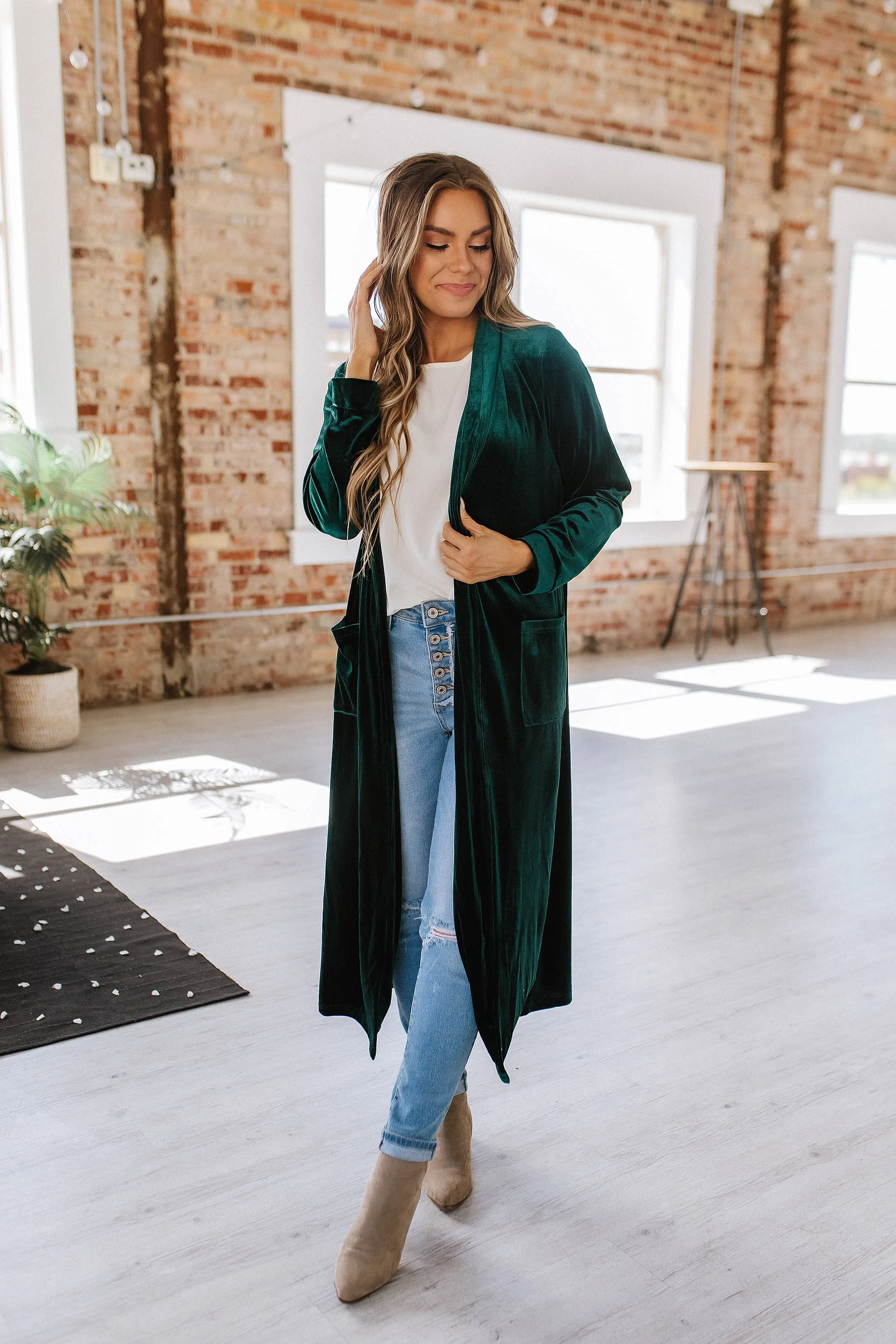 Green Eve Velvet Long Cardigan