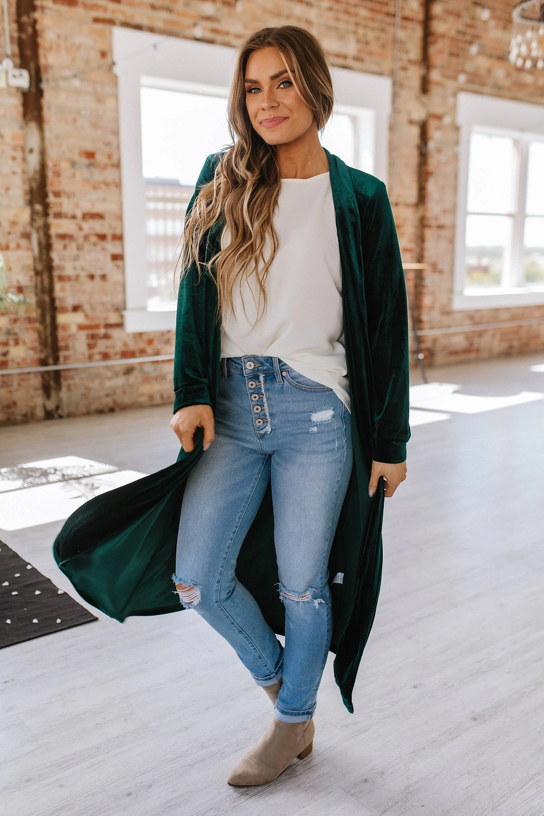 Green Eve Velvet Long Cardigan