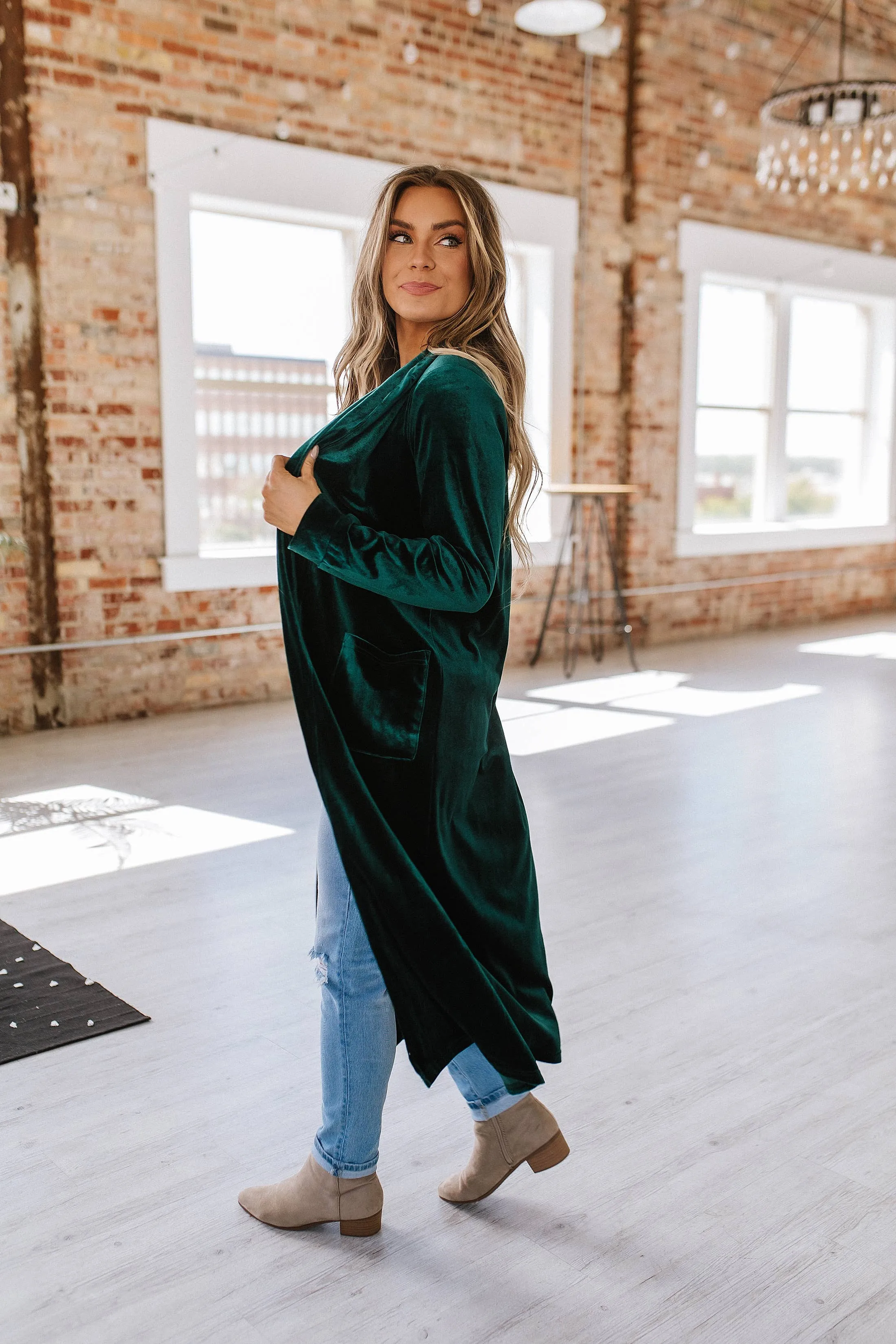 Green Eve Velvet Long Cardigan