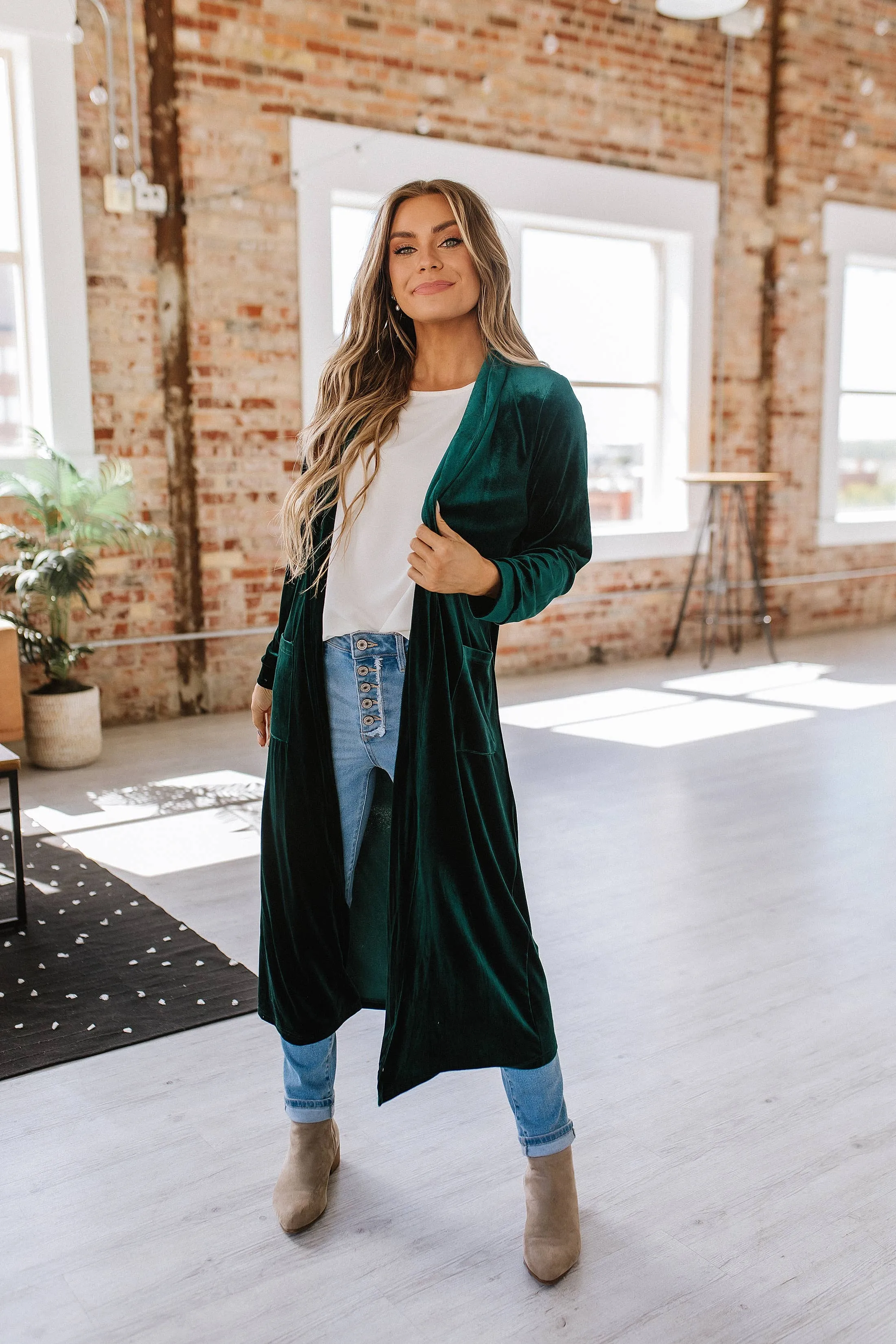 Green Eve Velvet Long Cardigan