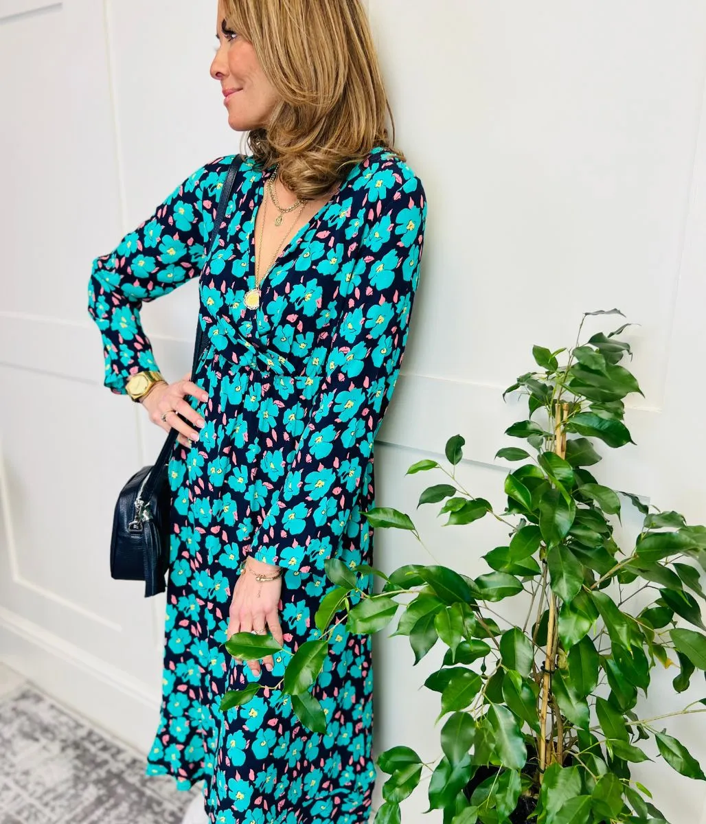 Green Vibrant Floral Print Wrap Midi Dress