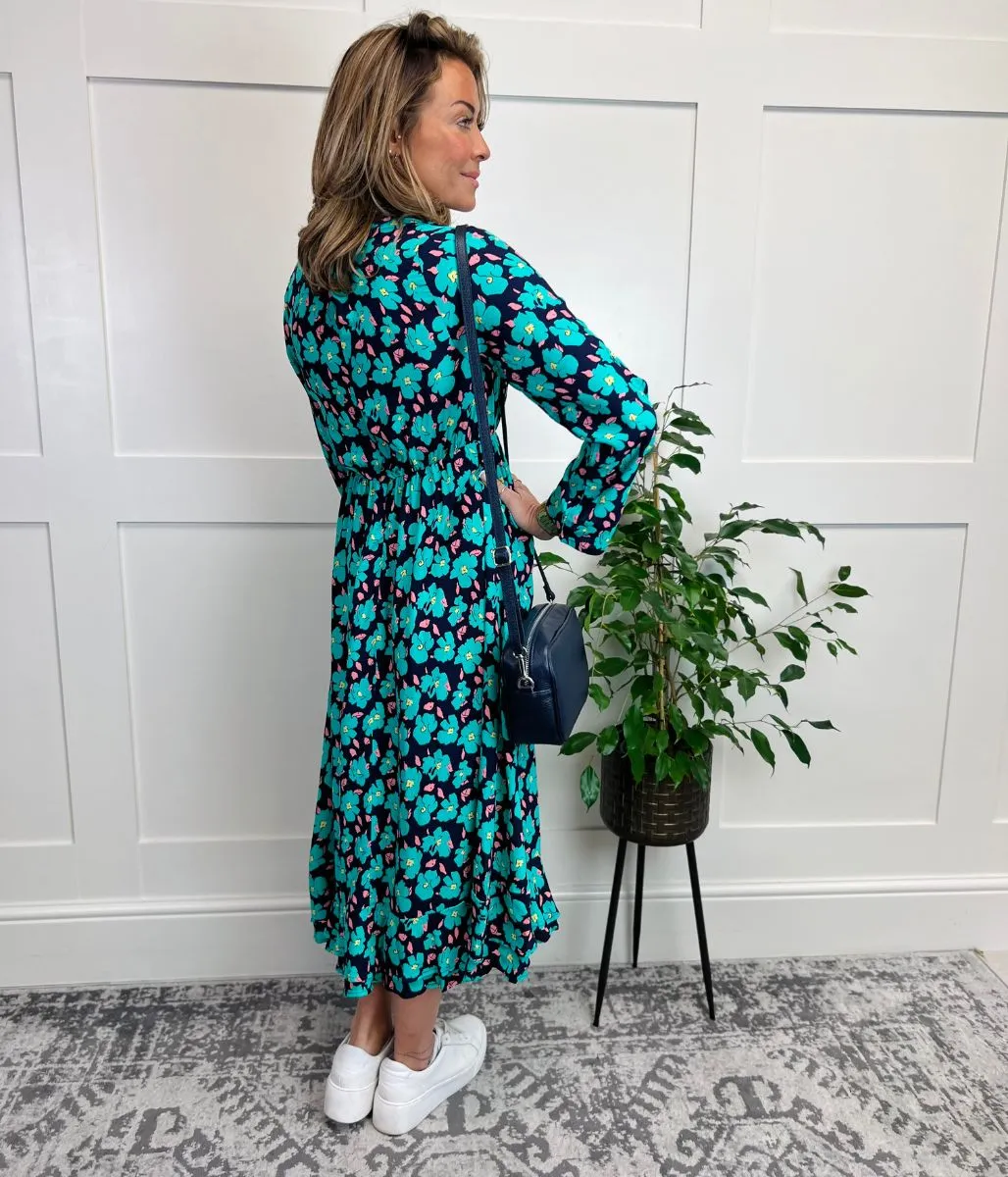 Green Vibrant Floral Print Wrap Midi Dress