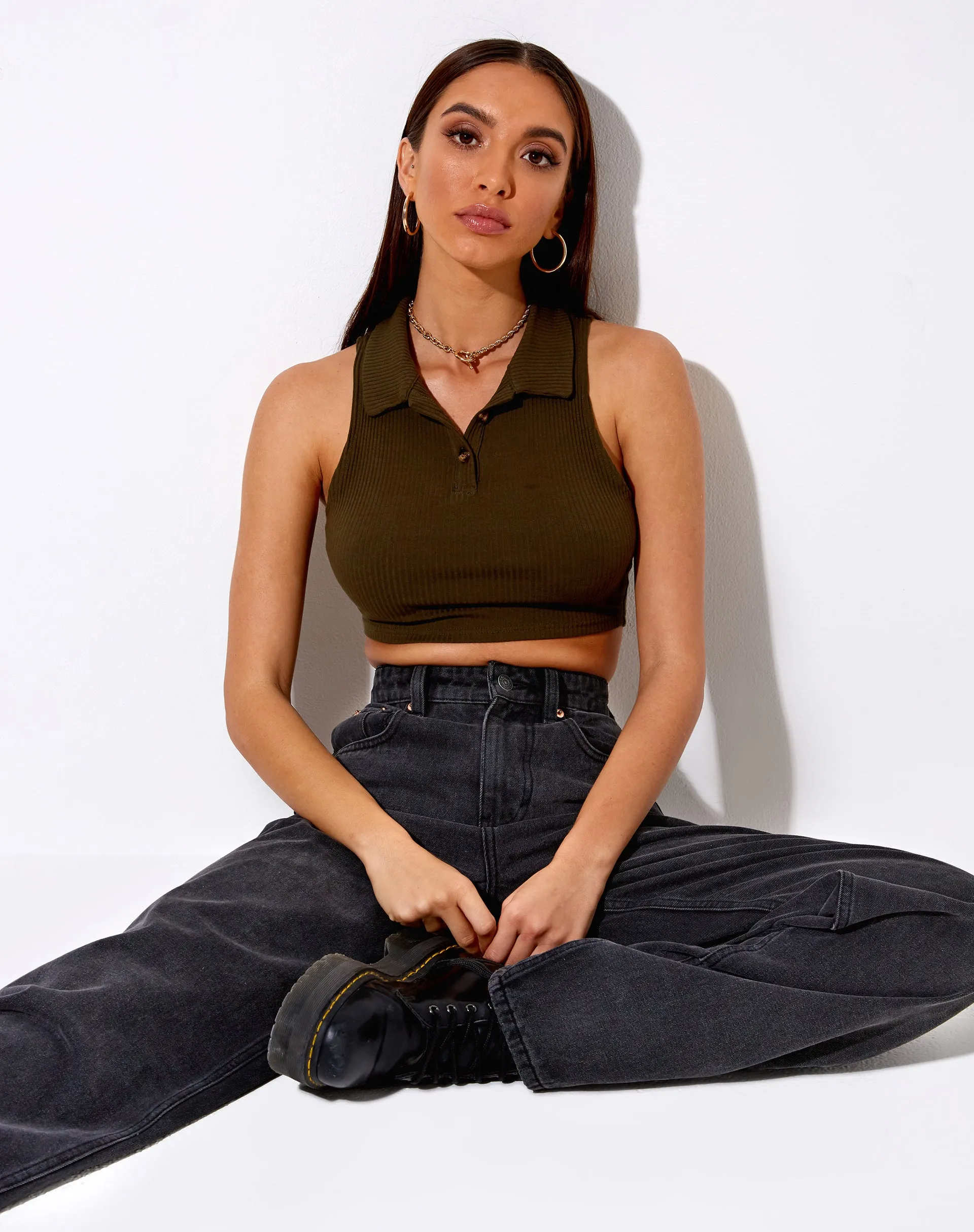 Guaco Crop Top in Rib Khaki