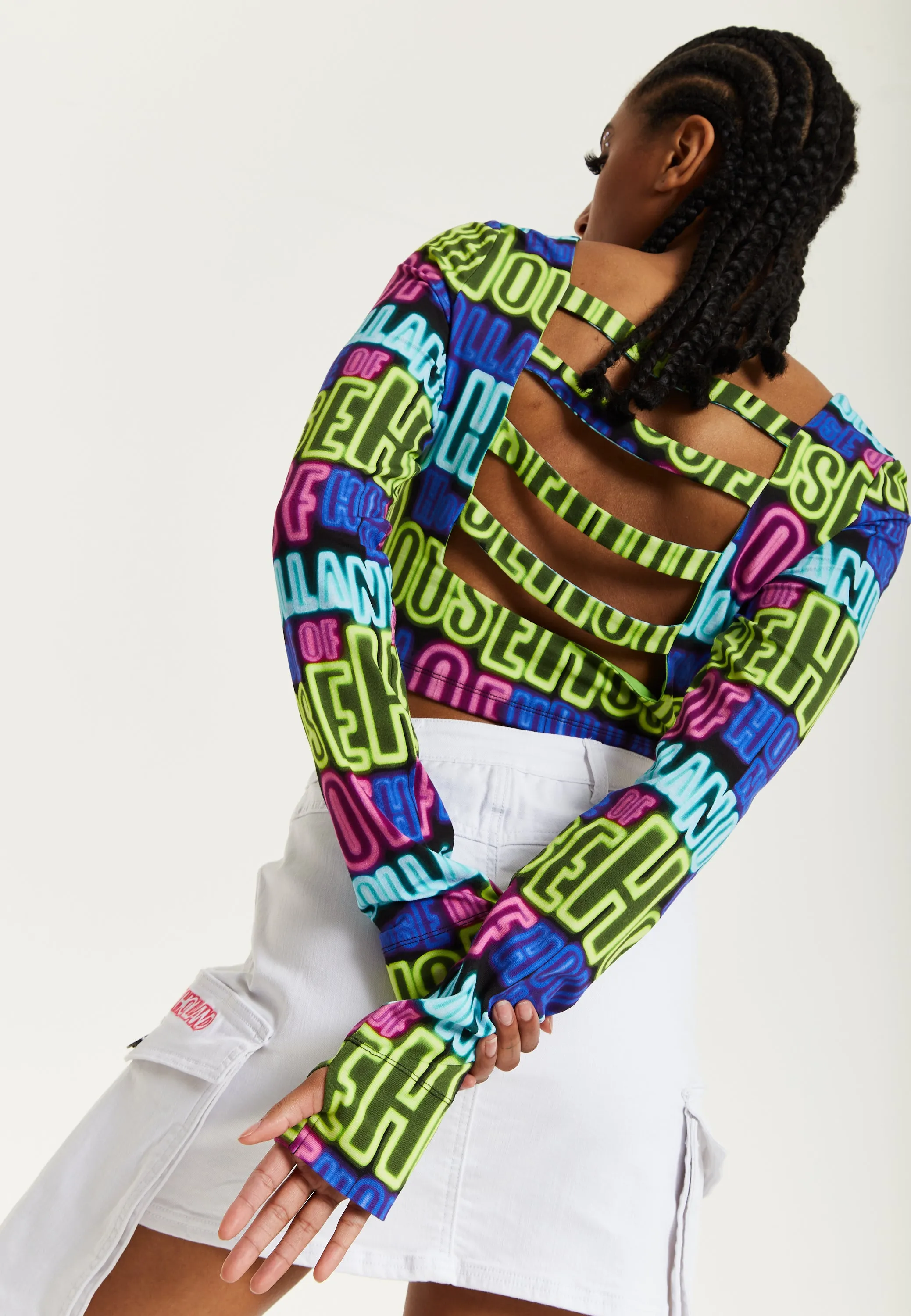 House of Holland Printed Multicolour Crop Top With Cut Out Details