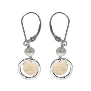 J & I Sterling Hoop Gold Disc Pearl Earrings