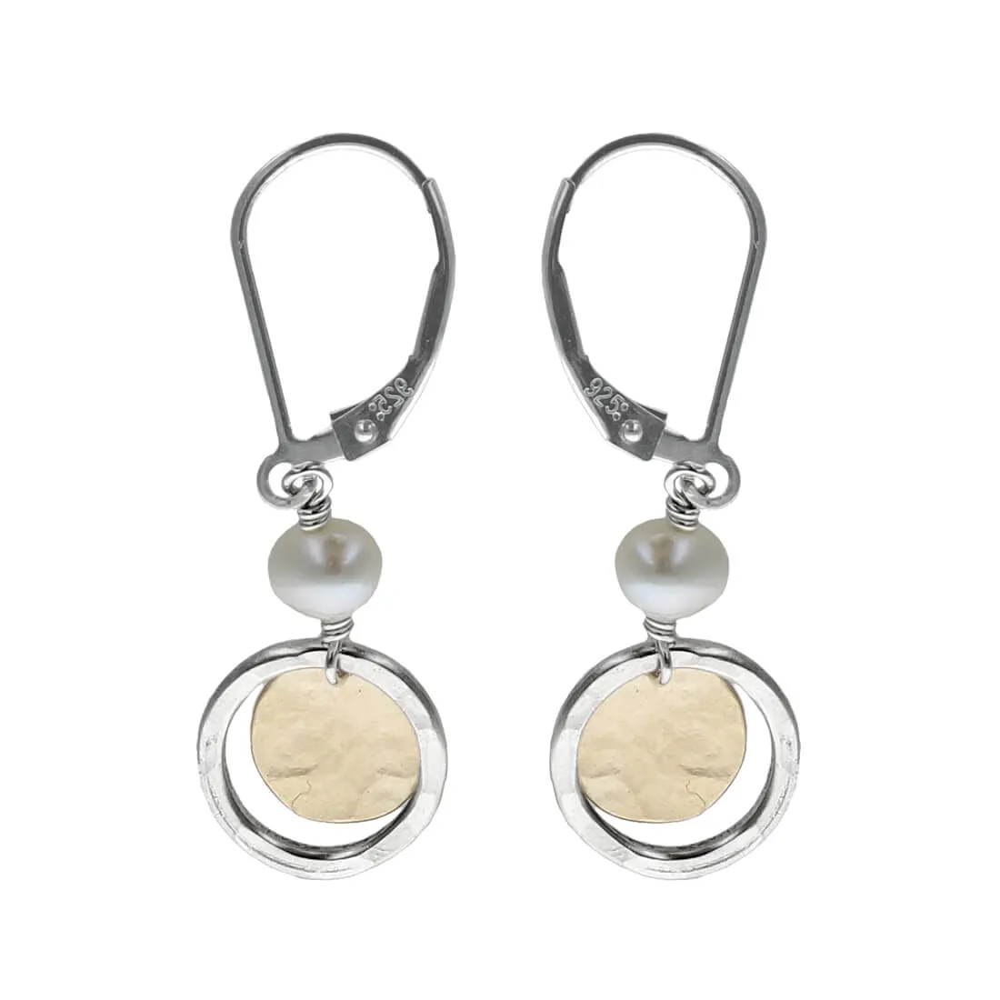 J & I Sterling Hoop Gold Disc Pearl Earrings